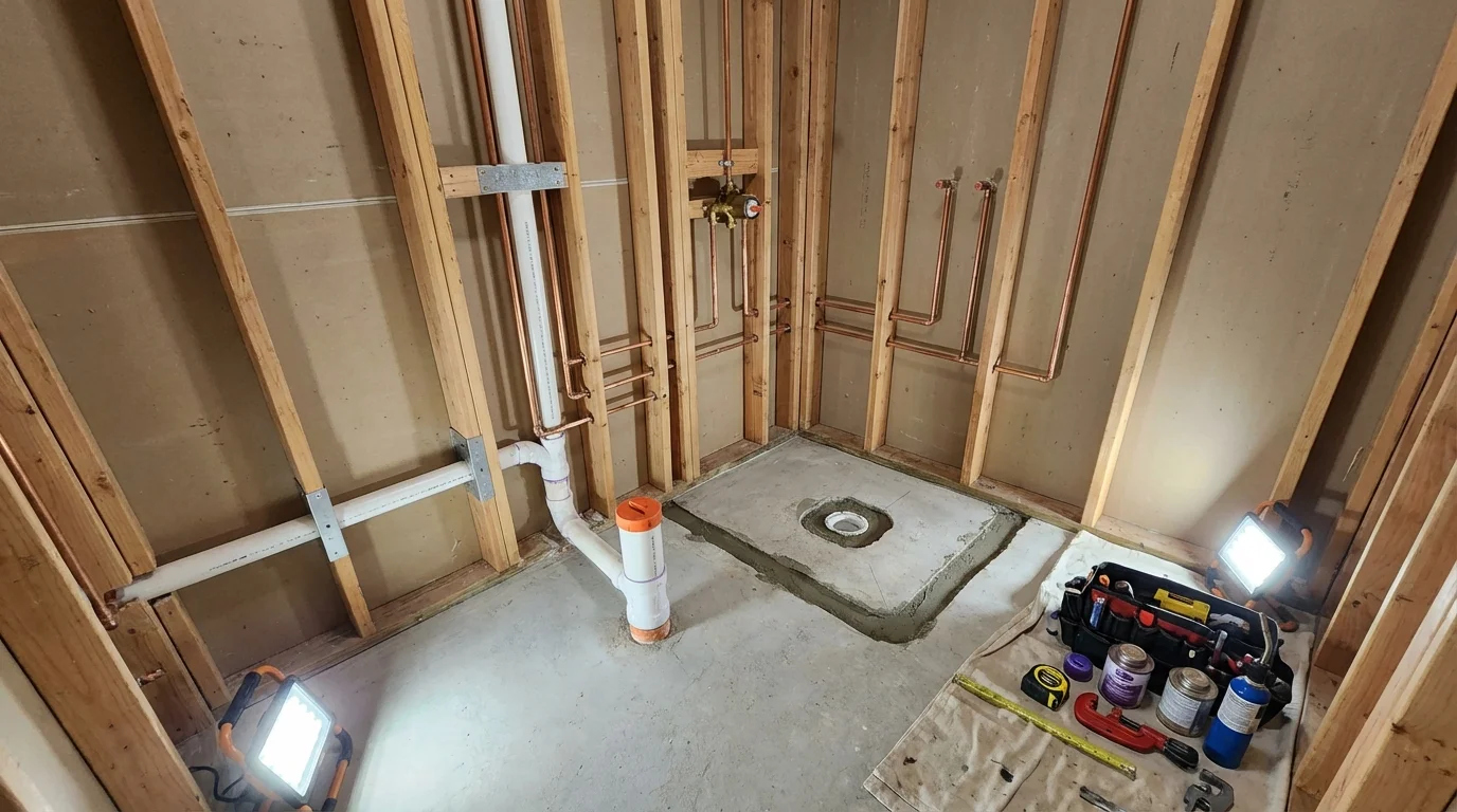 Bathroom rough-in plumbing during remodel by Johns Plumbing LLC in Silver Grove
