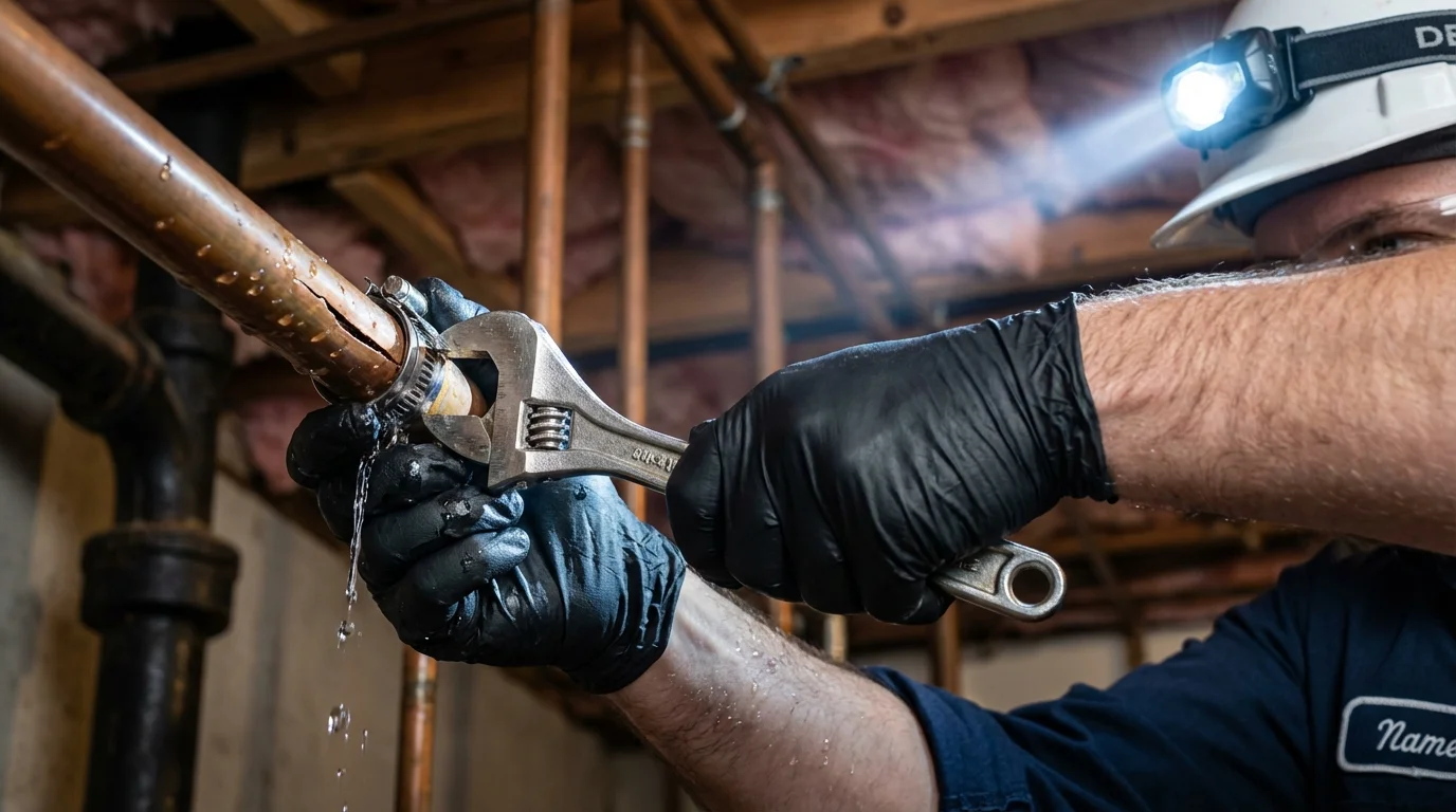Emergency pipe clamp repair being performed by a Johns Plumbing LLC plumber in Silver Grove