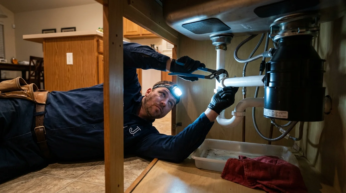 P-trap and supply line connections under a kitchen sink showing a common leak point in Silver Grove, KY